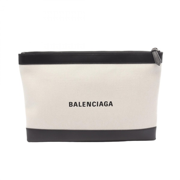 BALENCIAGA Navy clip M business clutch bag 373834 canvas leather B&W Used