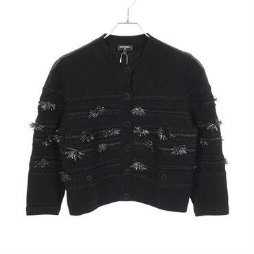 CHANEL COCO Mark Button Fringe Cardigan P60728K46373 cotton Black Used Women #34