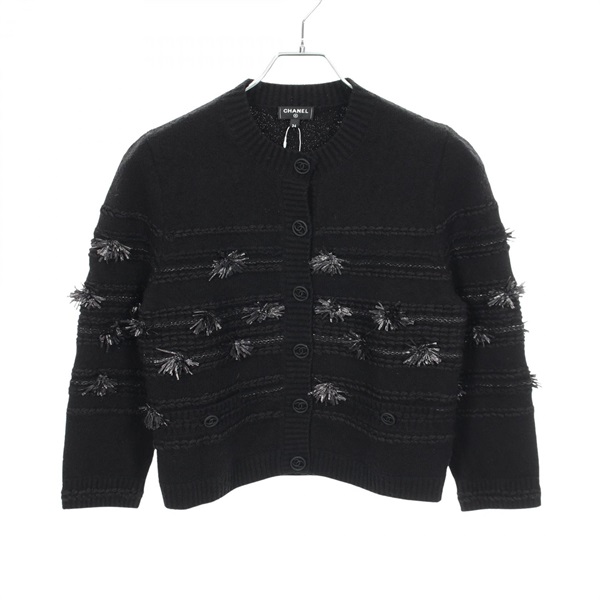 CHANEL COCO Mark Button Fringe Cardigan P60728K46373 cotton Black Used Women #34