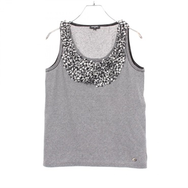 CHANEL COCO Mark Button Border Check Frill Tank top cotton Black White #34 Used