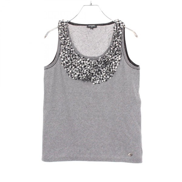 CHANEL COCO Mark Button Border Check Frill Tank top cotton Black White #34 Used