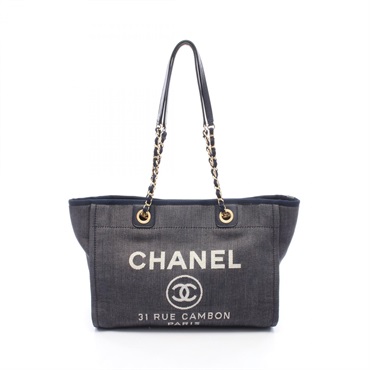CHANEL Deauville Chain Shoulder Tote Bag A67001 denim leather Navy Used Women CC