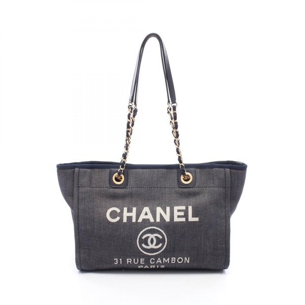 CHANEL Deauville Chain Shoulder Tote Bag A67001 denim leather Navy Used Women CC
