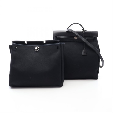 HERMES Herbag MM shoulder Handbag C Toile Officier hunter canvas Black Used SHW