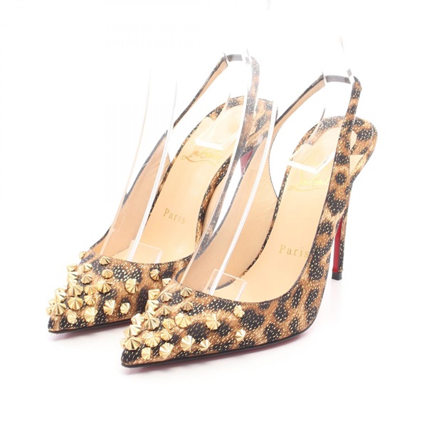 Christian Louboutin Spike Studs Leopard pumps Fabric Brown Black Used #35 1/2