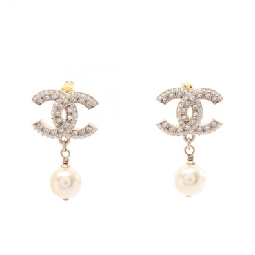 CHANEL COCO Mark Pierced earrings GP Artificial pearl Rhinestone Used Women CC