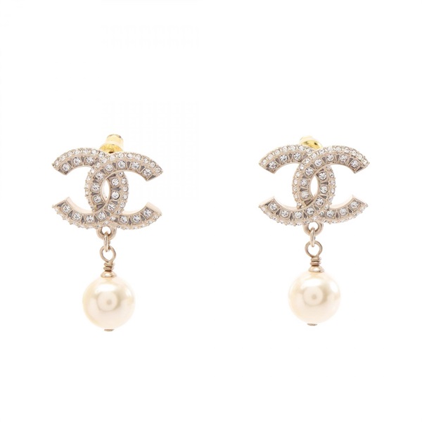 CHANEL COCO Mark Pierced earrings GP Artificial pearl Rhinestone Used Women CC