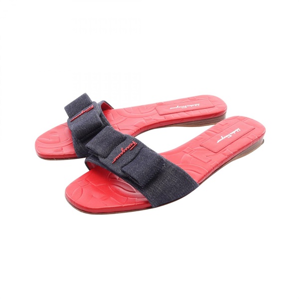 Salvatore Ferragamo Vara ribbon Flat Sandals denim leather Navy Used Women #7