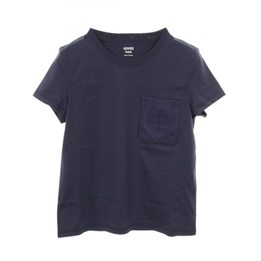 HERMES Mosaic H Embroidery T-shirt with Pocket 3E4620DL cotton Navy Women #34
