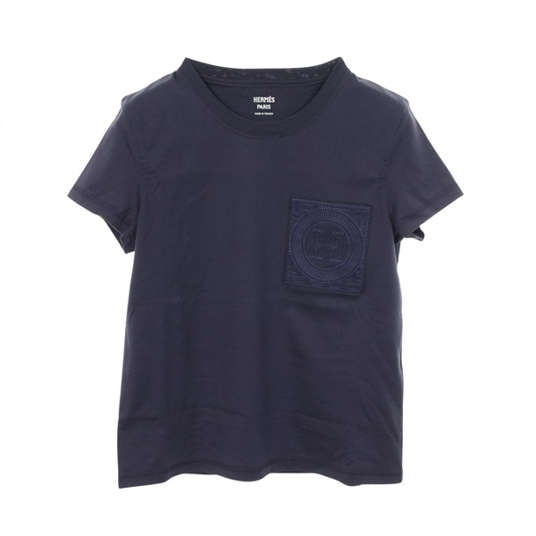 HERMES Mosaic H Embroidery T-shirt with Pocket 3E4620DL cotton Navy Women #34