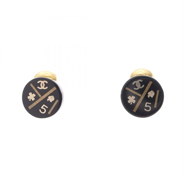 CHANEL COCO Mark icon round clip Earrings Plastic Black Gold Used