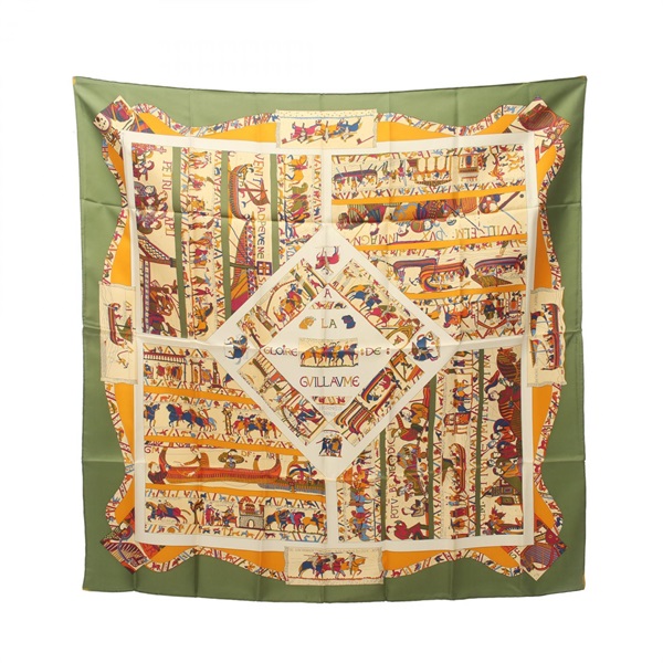 HERMES Carre90 A LA GLOIRE DE GVILLAVME Scarf silk Beige Green Used Women