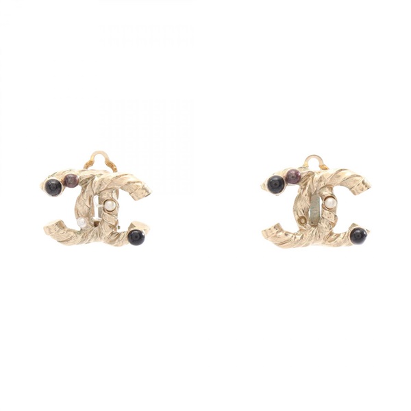 CHANEL COCO Mark Earring Gold Plated Artificial pearl White Black Used Women CC